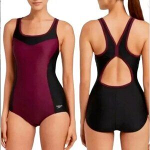 Speedo 1-Piece Swimsuit Keyhole Racerback Moderate Cut S/M Black & Purple 276F